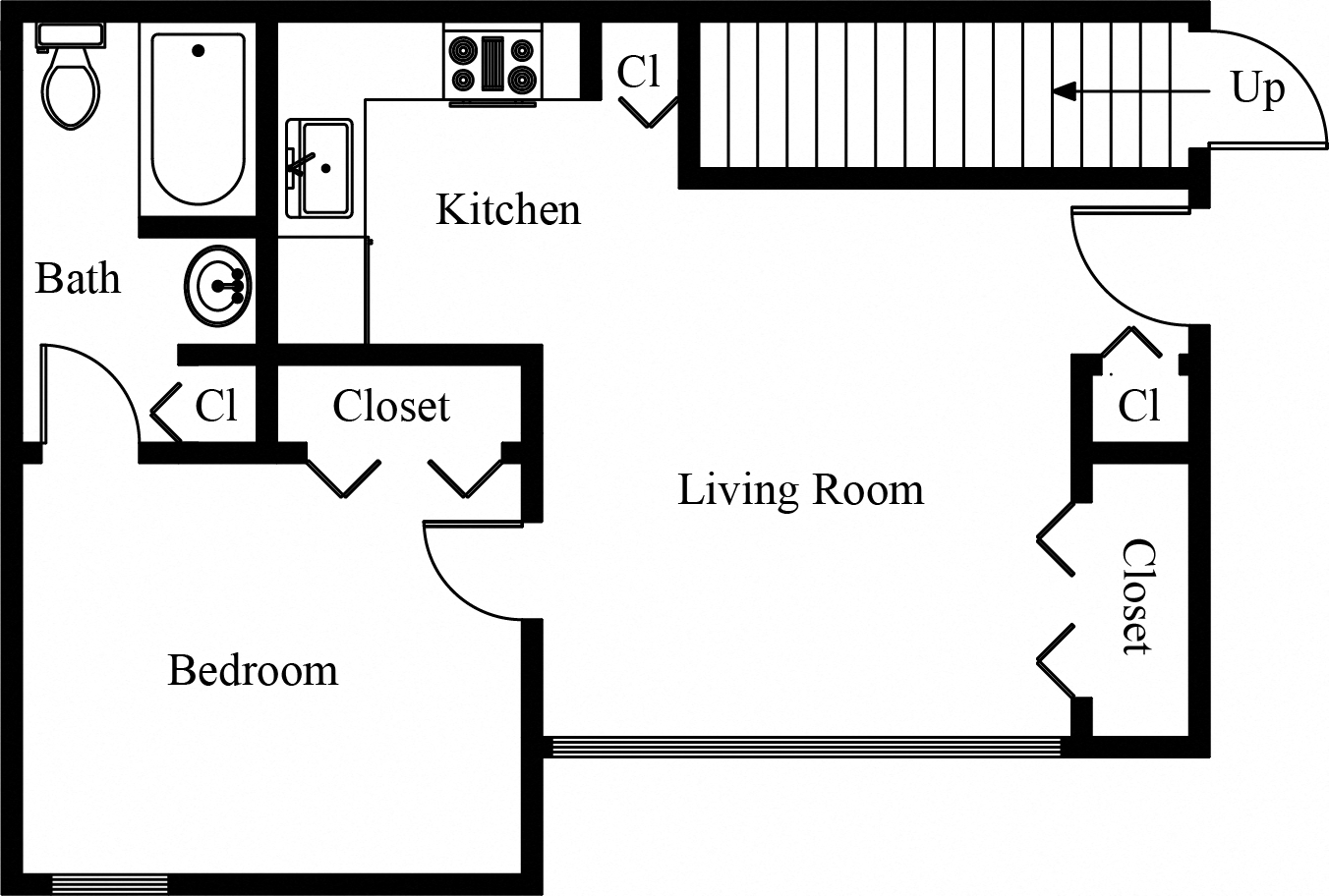 Floor plan for 1 bed, 1 bath
